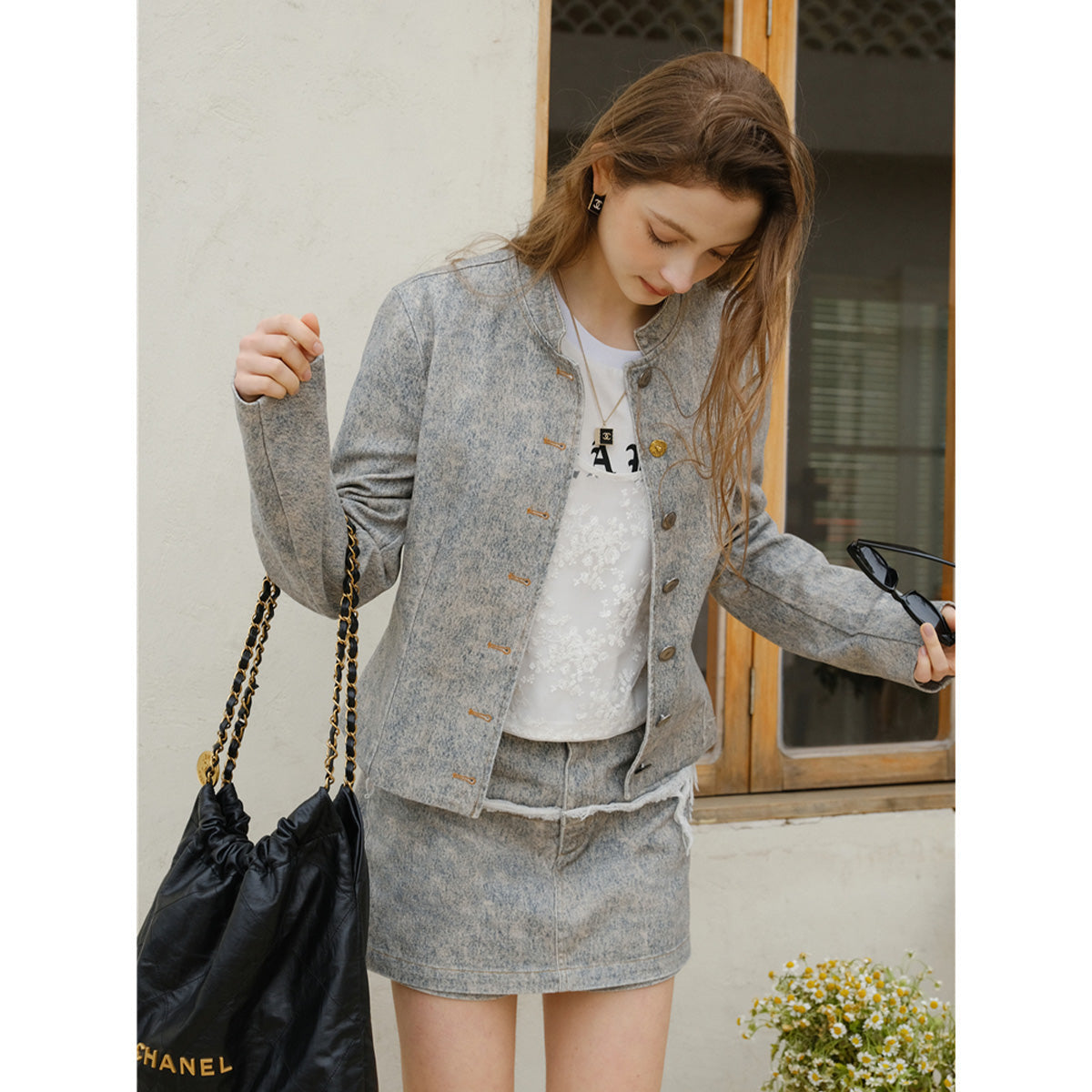 Marc Moore Retro Denim Printed Short Jacket Grey