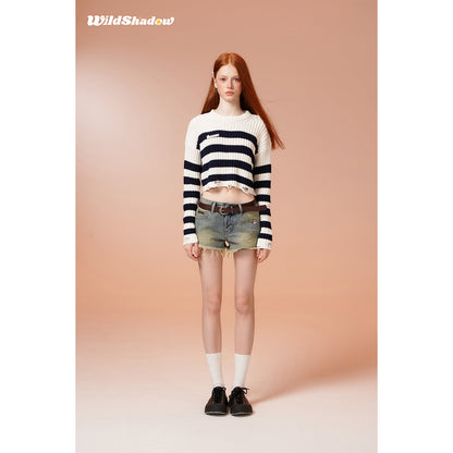 Wildshadow Color Blocked Striped Short Knit Sweater