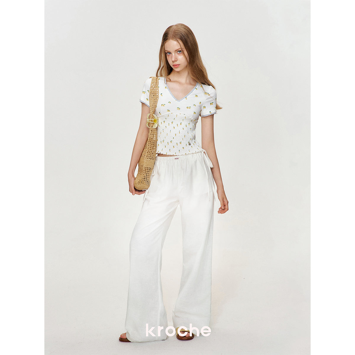 Kroche Drawstring Linen Wide-Leg Pants White