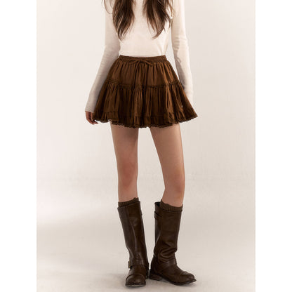 AsGony Retro Lace Edge Elastic-Waist Puffy Skirt Brown