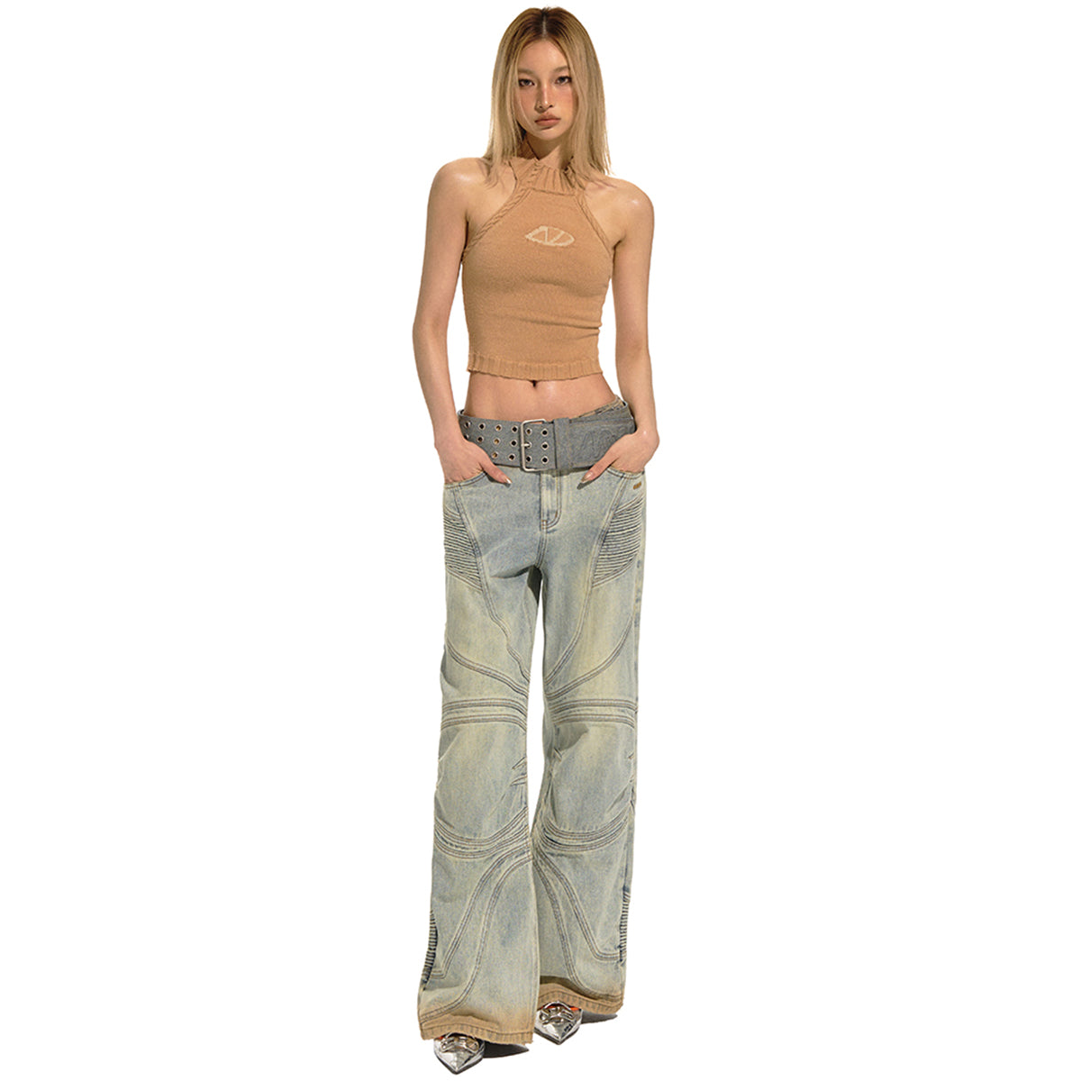 NAWS Distressed Washed Low-Rise Wide-Leg Jeans