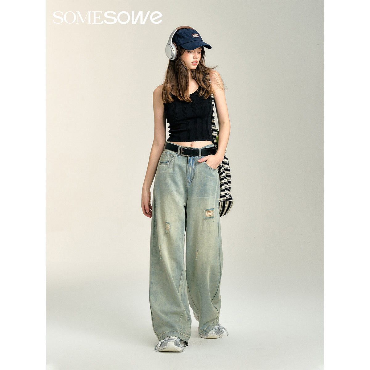 SomeSowe Vintage Hot-Drilled Washed Denim Pants