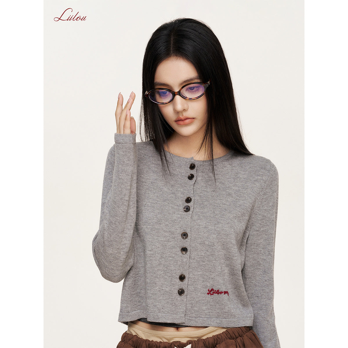 Liilou Chain Embroidery Woolen Knit Cardigan Gray