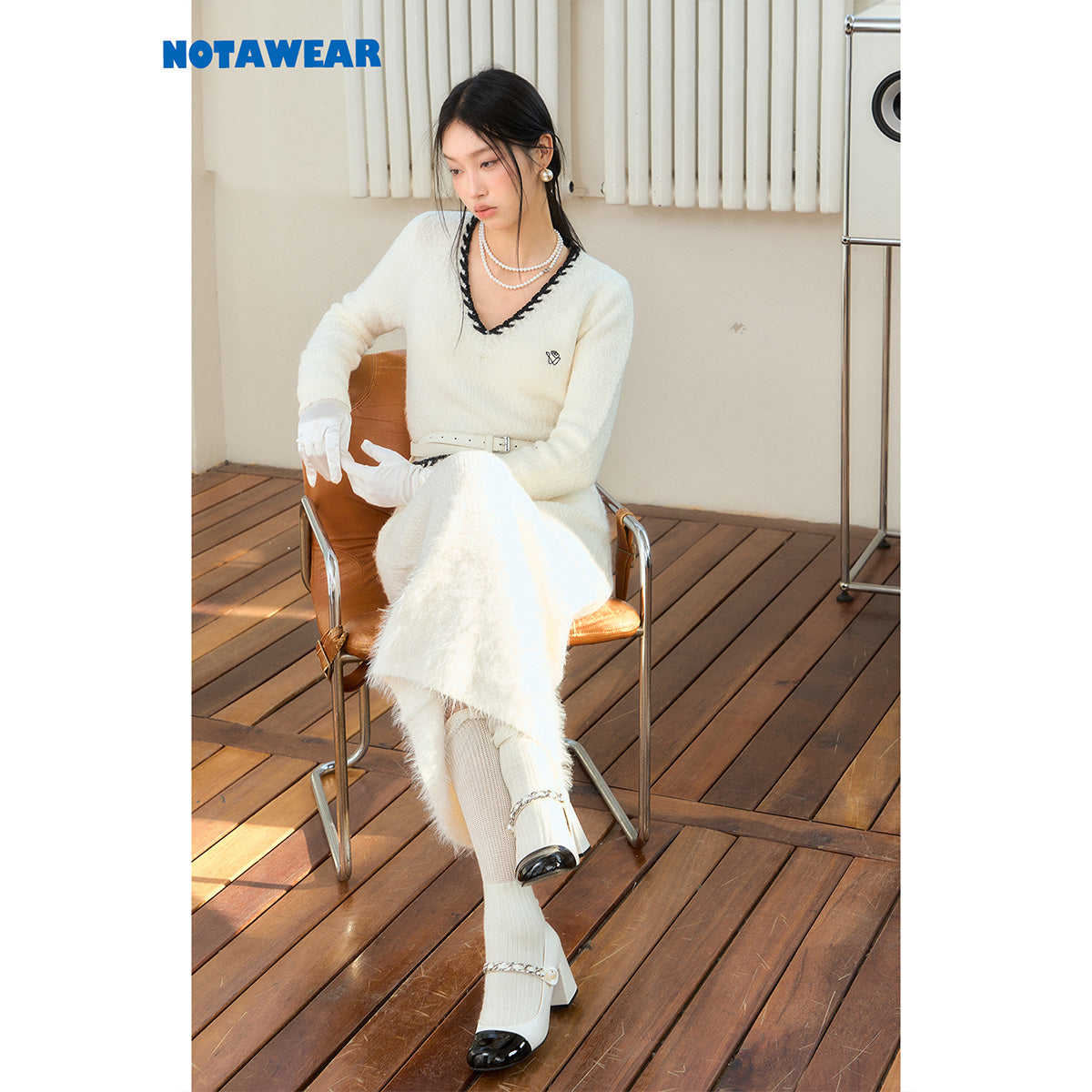 NotAwear Woolen Mohair V-Neck Knit Dress White