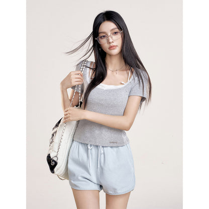 Liilou Bow Lace Edge Square Neck T-Shirt Gray