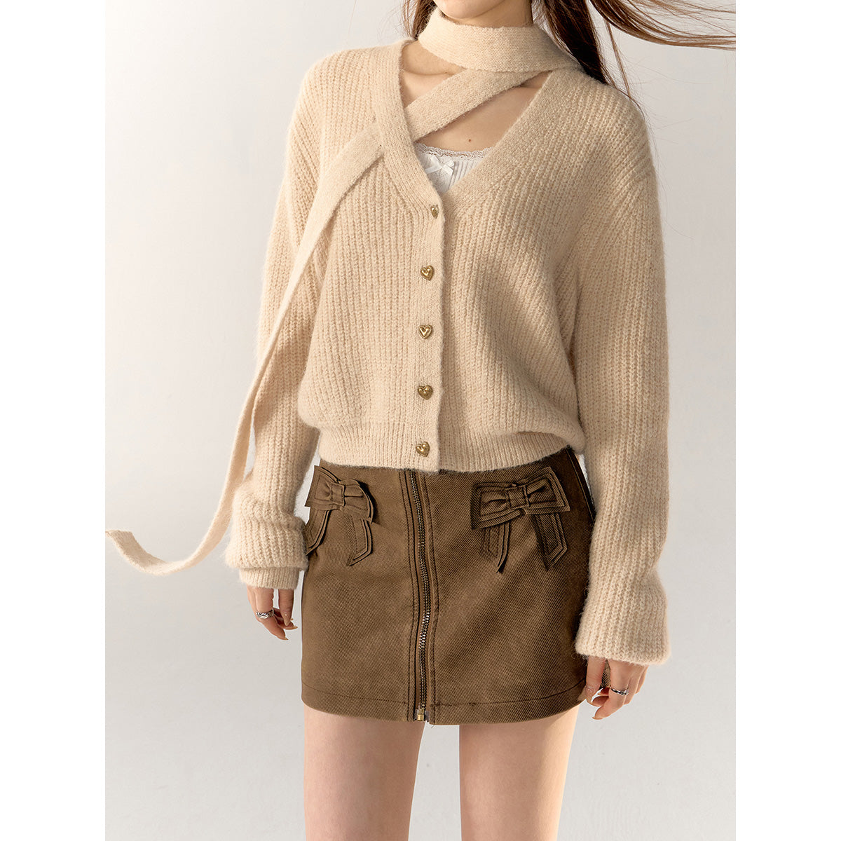 AsGony V-Neck Halter Ribbon Short Knit Cardigan Khaki