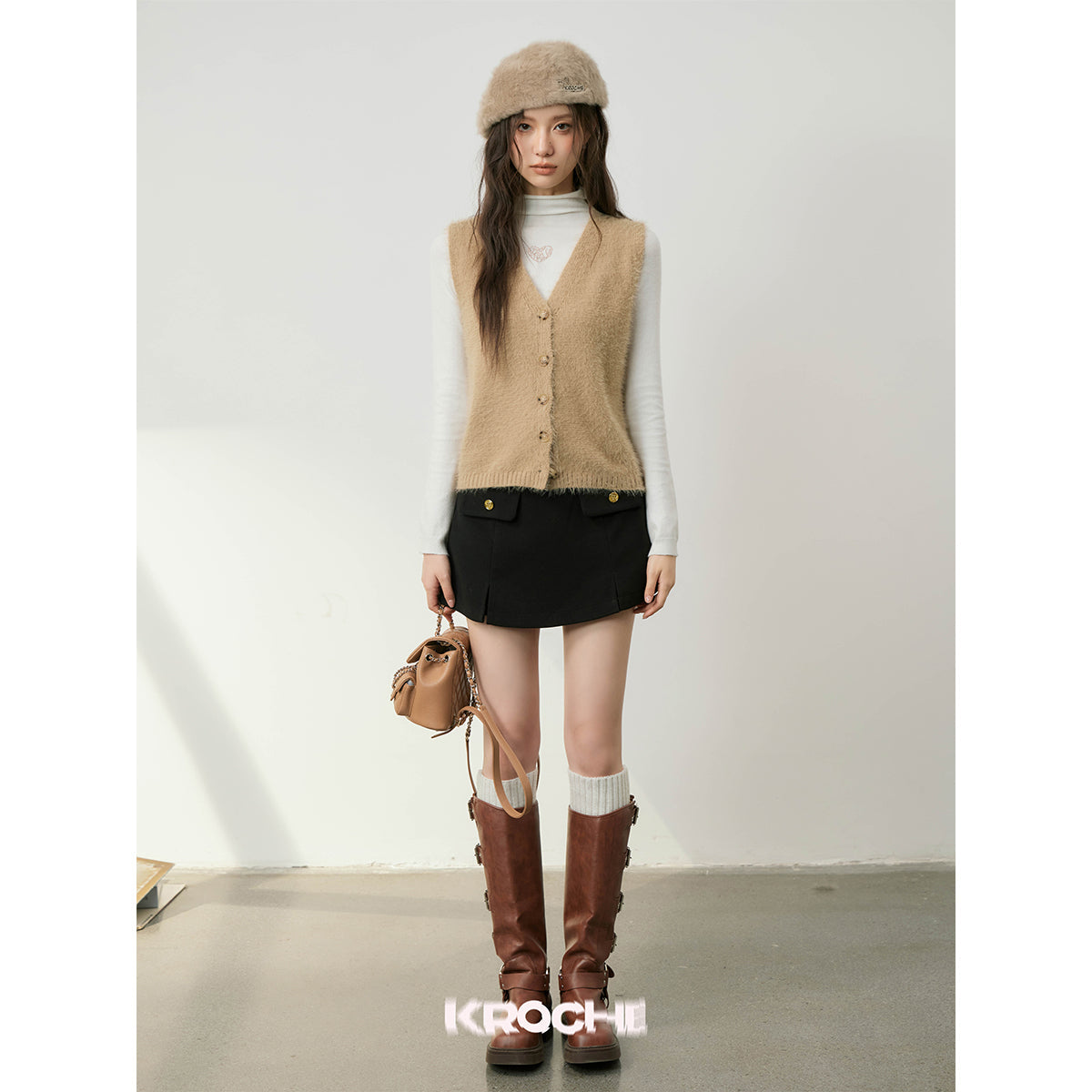 Kroche Faux Mink V-Neck Vest Brown