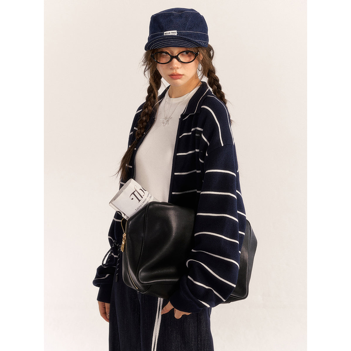 AsGony Contrast Color Drawstring Polo Knit Cardigan Navy Blue