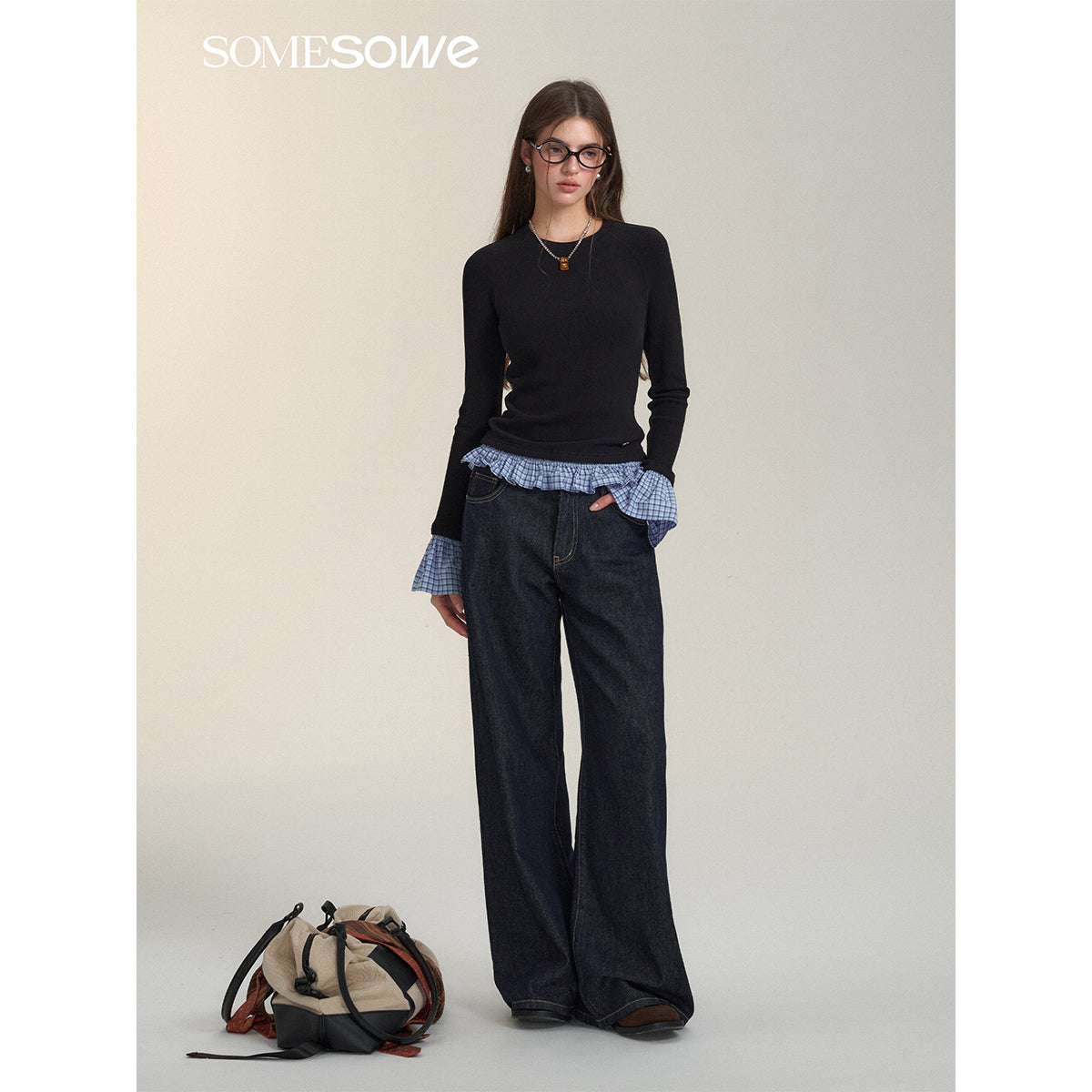 SomeSowe Draped Wide-Leg Jeans Dark Blue