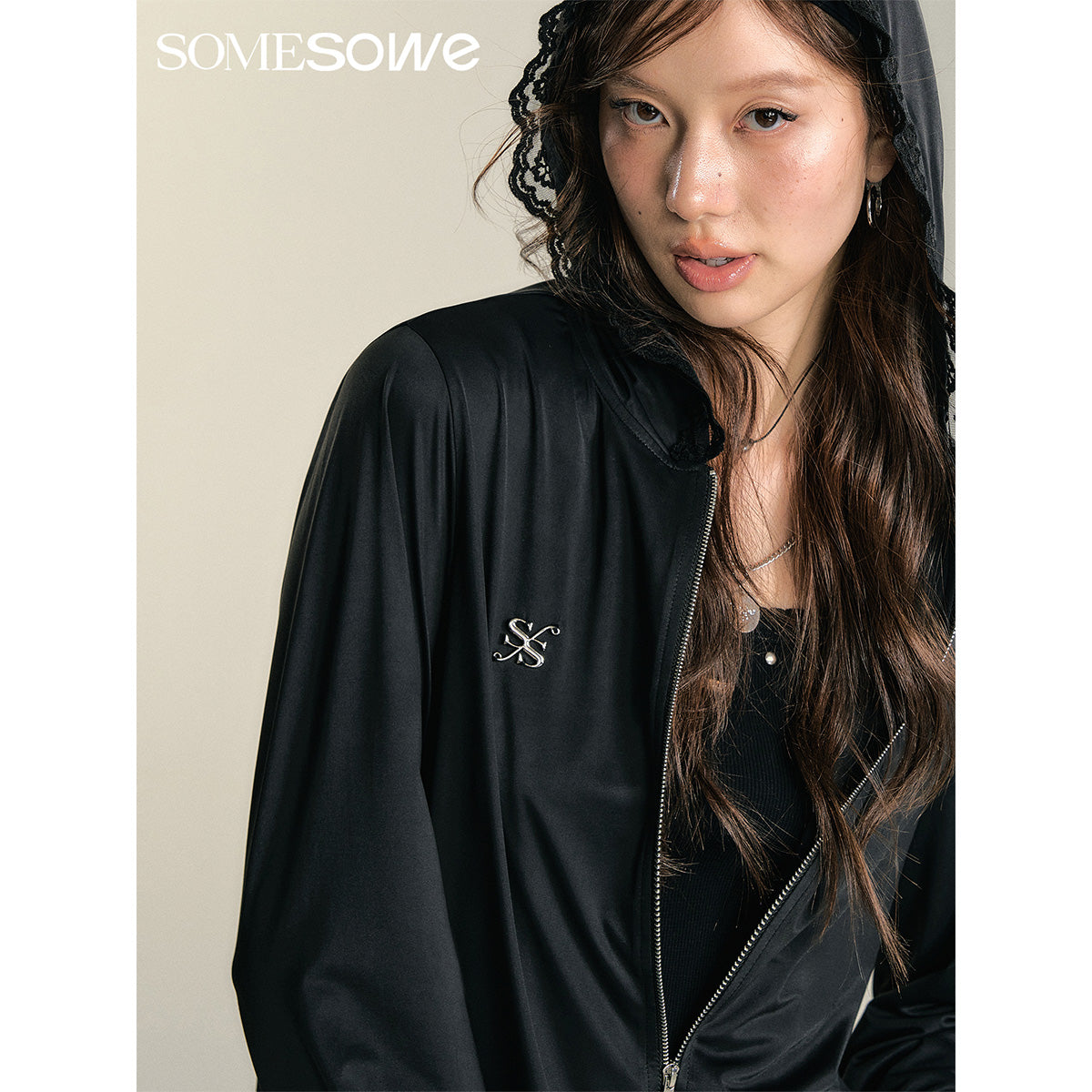 SomeSowe Lace Patchwork Hooded Jacket Black