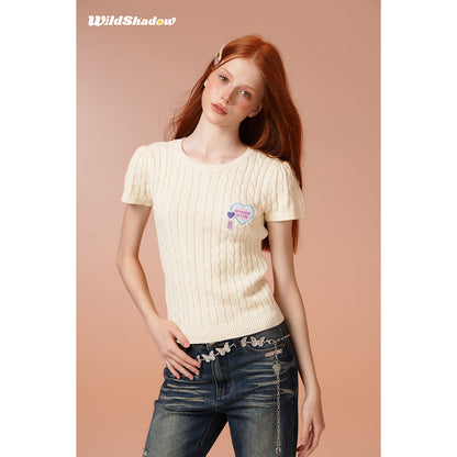 Wildshadow Heart Embroidery Twisted Knit Top Cream