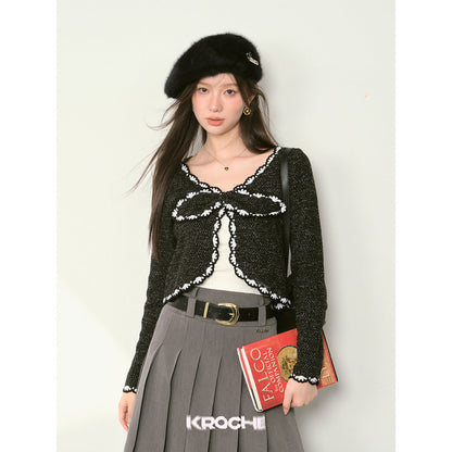 Kroche Color Blocked Bow Tie Knitted Cardigan Black