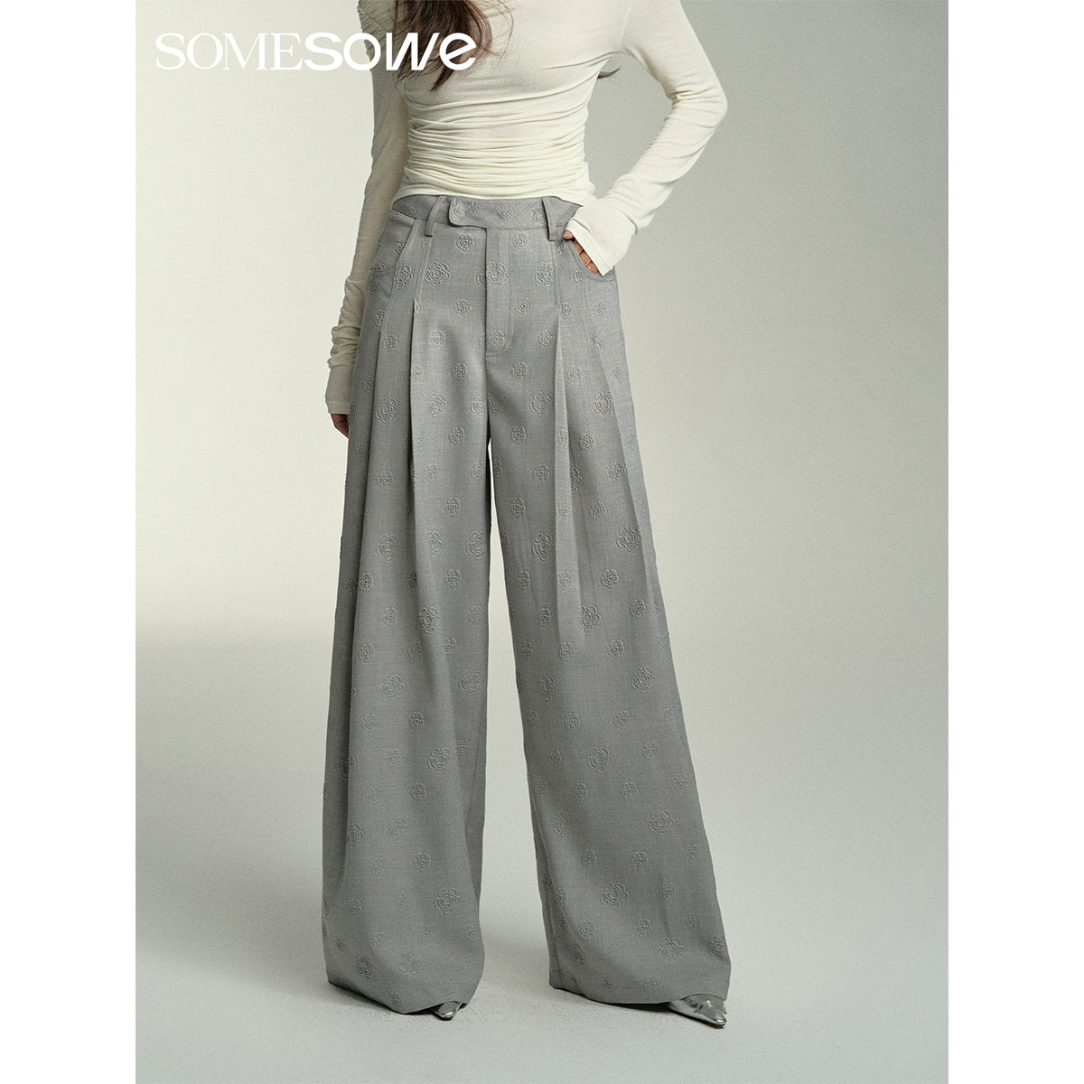 SomeSowe Floral Embossed High-Waisted Wide-Leg Pants Grey