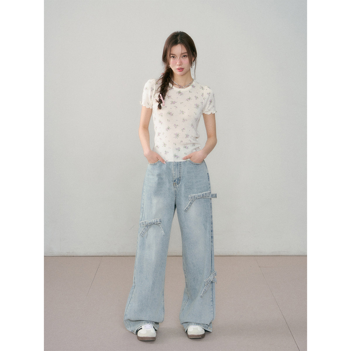 AsGony Retro Washed Distressed Loose Jeans Light Blue