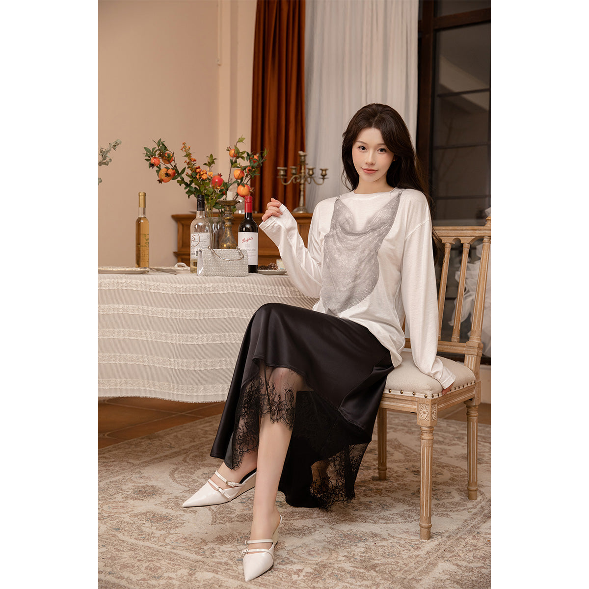 Three Quarters Lace Patchwork Irregular Long Skirt Black