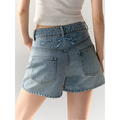 AsGony Bow Tie Embroidered Denim Shorts