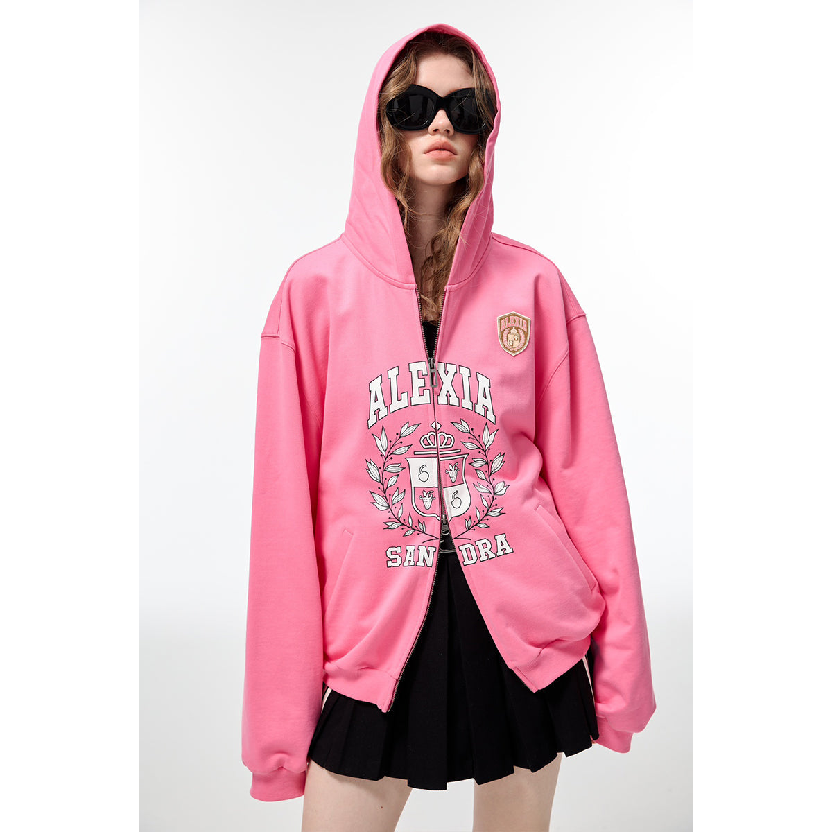 Alexia Sandra Printed Drop Shoulder Zip Up Hoodie Pink