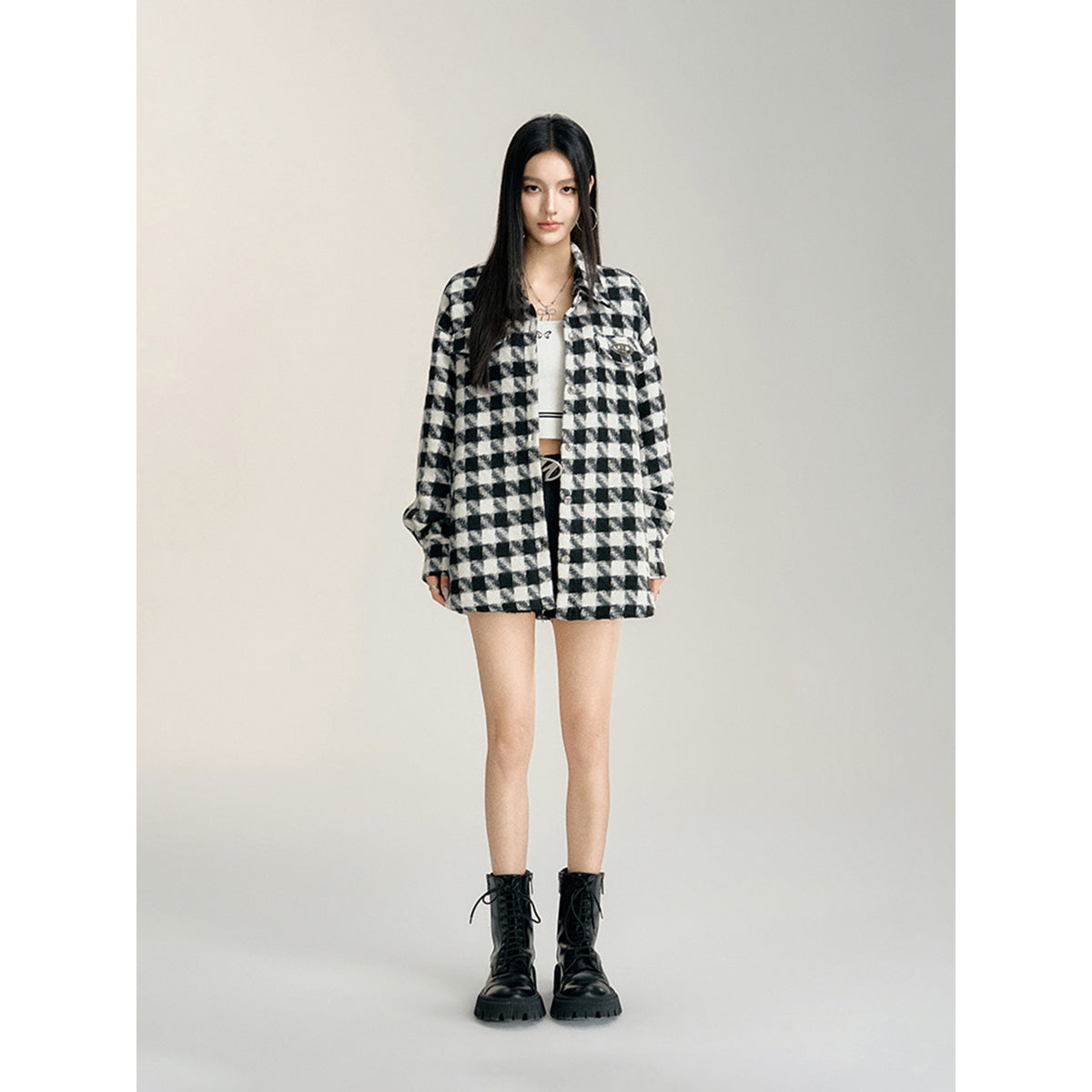 MacyMccoy Plaid Loose Versatile Shirt Jacket Black