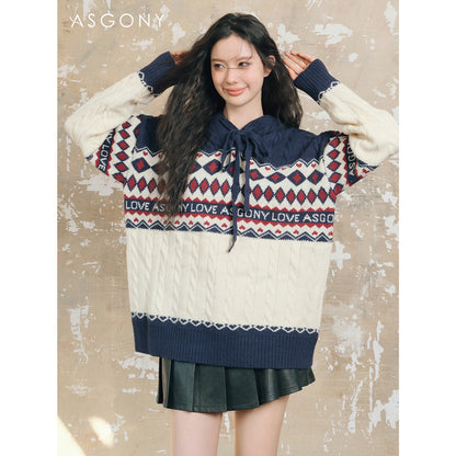 AsGony Fair Isle Oversized Knit Sweater Navy