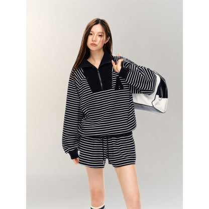 AsGony Striped Zipper Lapel Casual Sweater Black