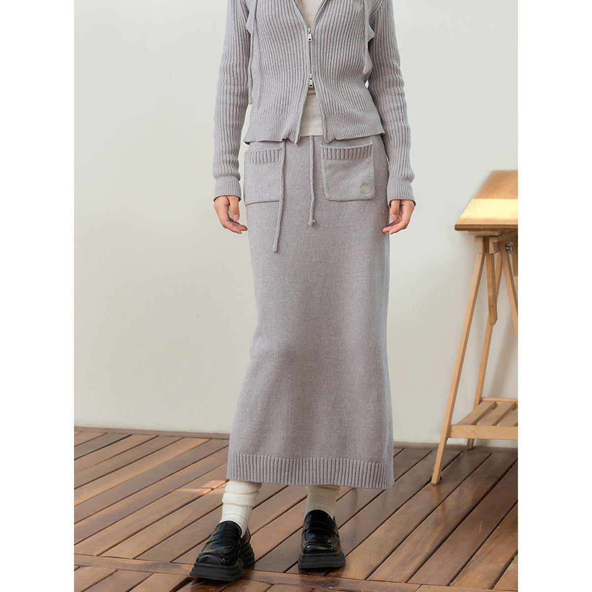 NotAwear Drawstring Knit Long Skirt Grey