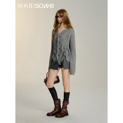 SomeSowe Destroyed Wrinkle Knit Cardigan Gray