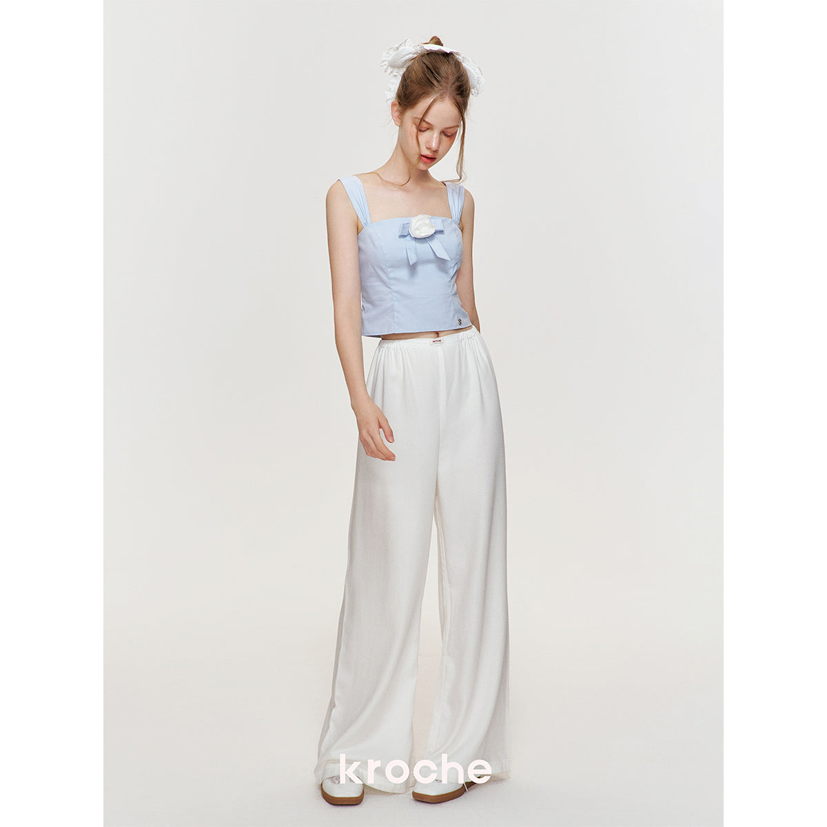 Kroche Silky Elastic-Waist Wide Leg Pants White