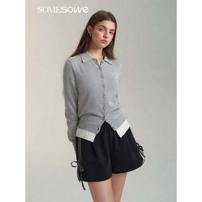 SomeSowe Fake-2-Piece Bow Knit Polo Cardigan Gray