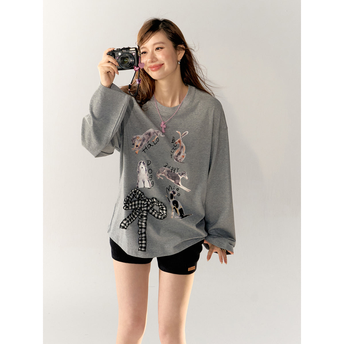 AsGony 3D Bow Knot Cartoon Casual L/S T-Shirt Gray