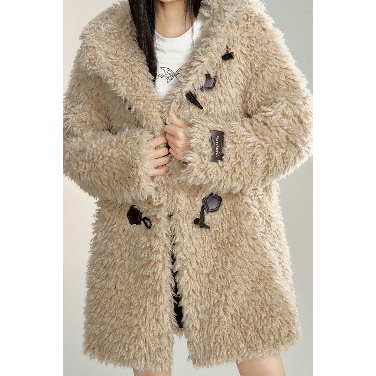 MacyMccoy Plush Hooded Loose Long Jacket Khaki