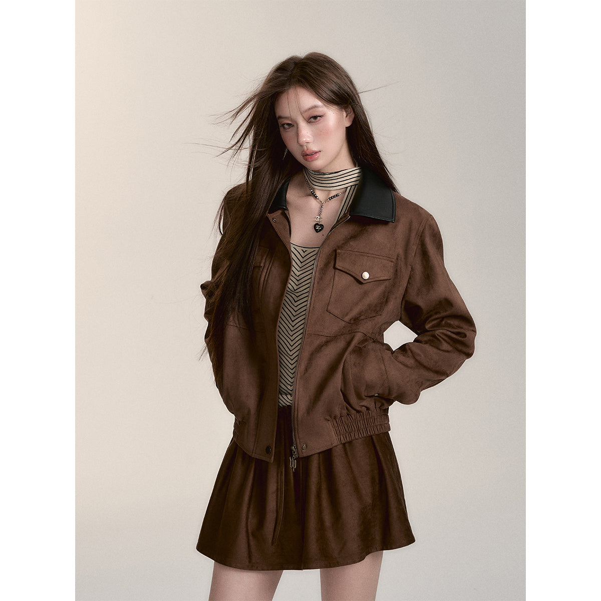 Via Pitti Fake-2-Piece Suede Short Skirt Brown