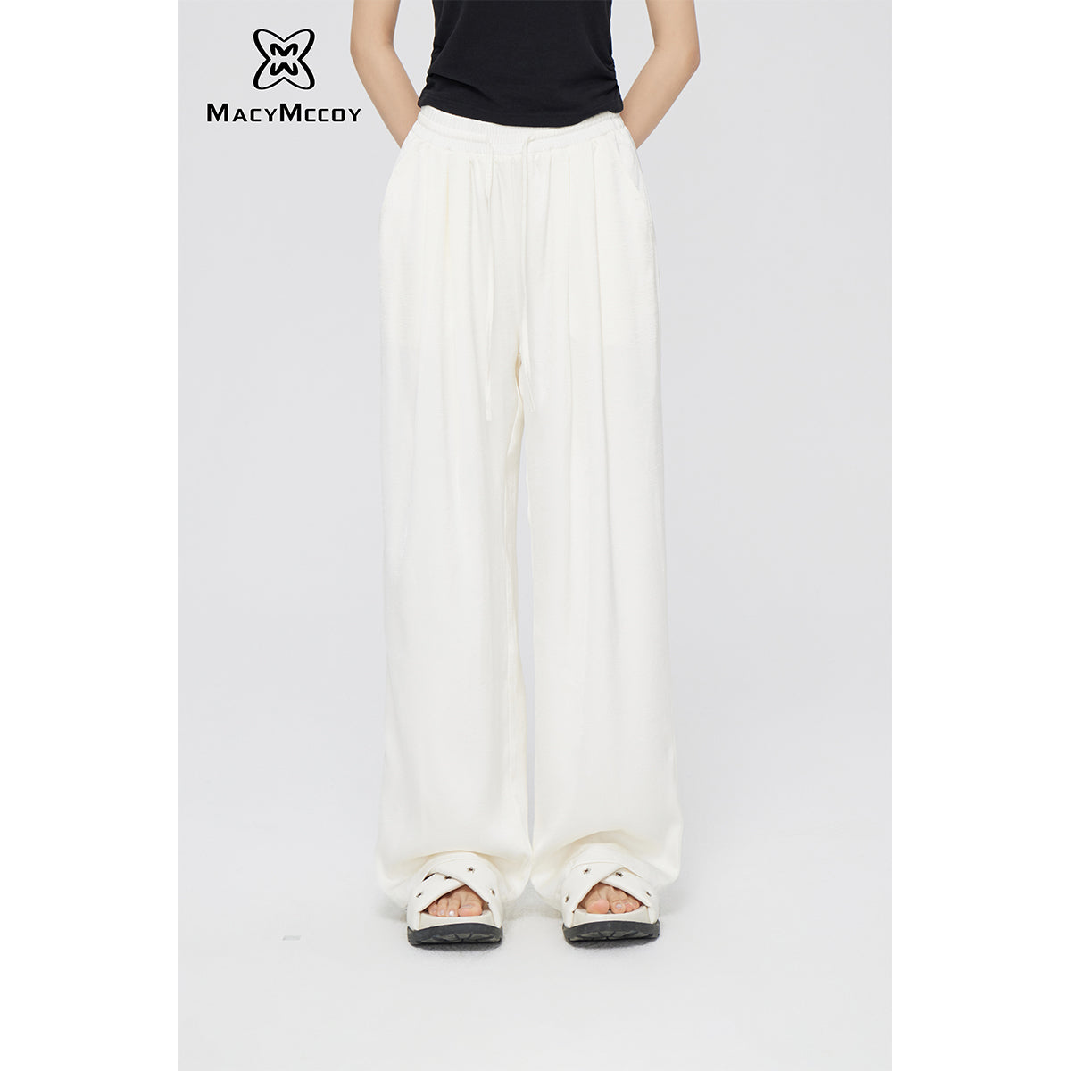 MacyMccoy Ice Silk Drawstring Wide-Leg Pants Off-White