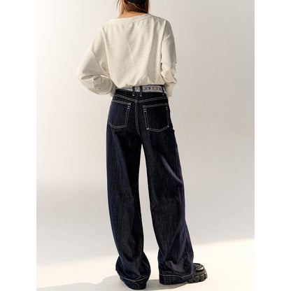 AsGony Lace Strap High Waist Wide-Leg Jeans Dark Blue