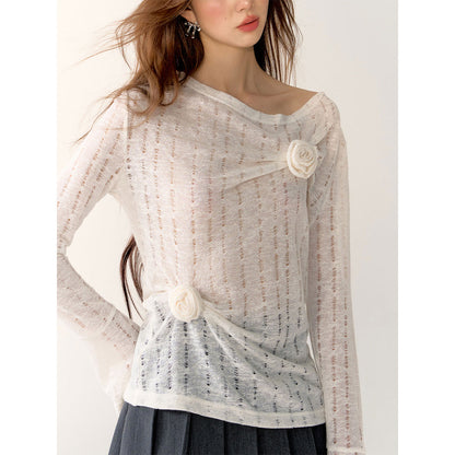 AsGony 3D Flower Hollow Cutting Knit Top White