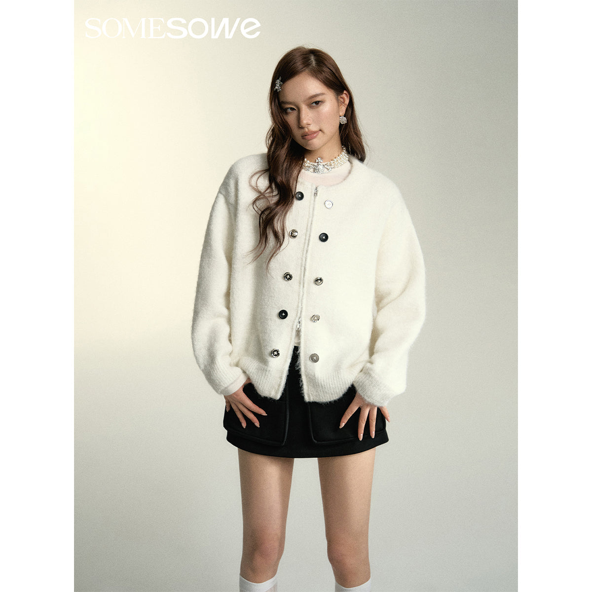 SomeSowe Double Breasted Zipper Cardigan White