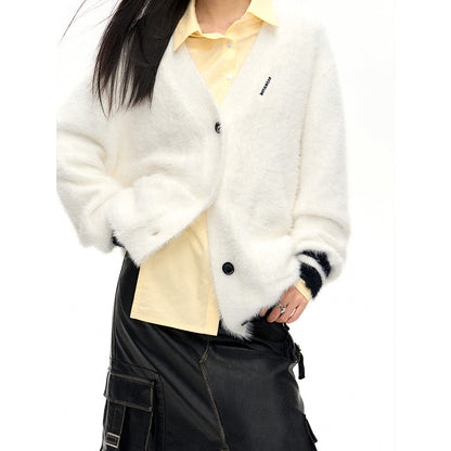 NotAwear Color Blocked Fluffy Faux Mink Cardigan White