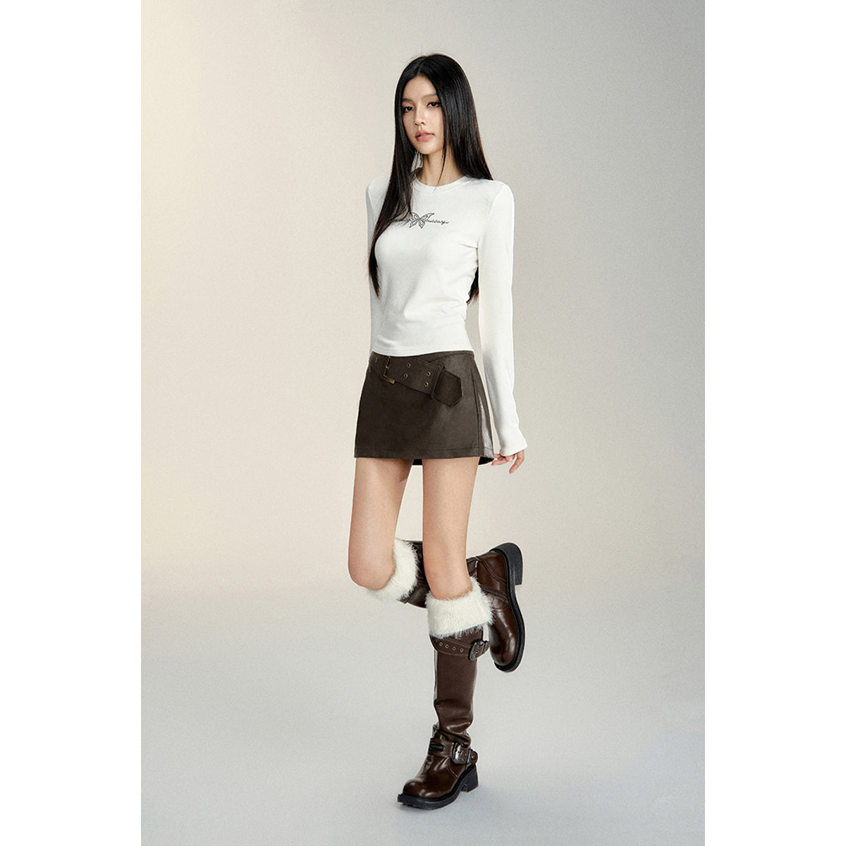 MacyMccoy Retro High-Waist Belt Leather Skirt Brown