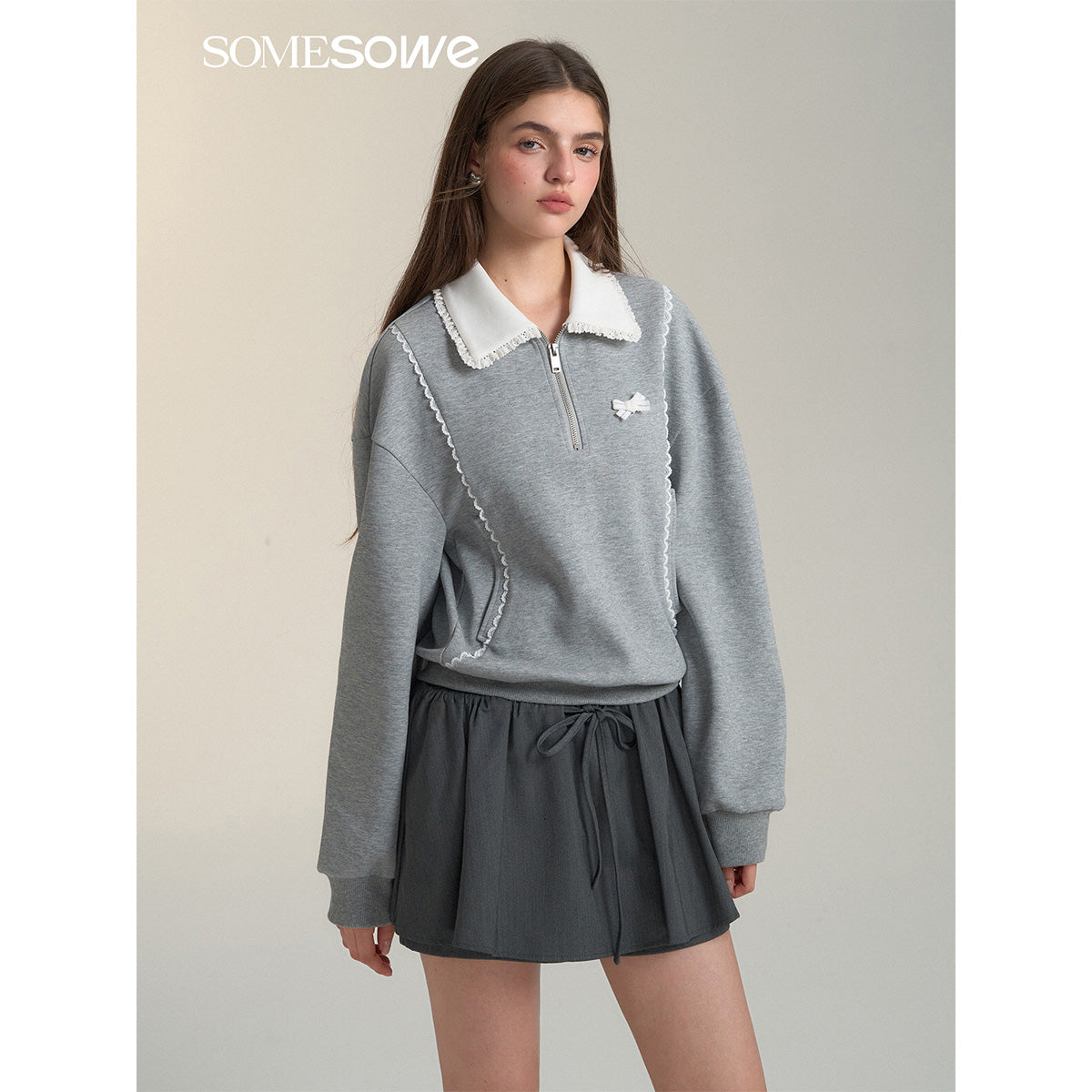 SomeSowe Contrast Color Lace Edge Polo Sweatshirt Gray