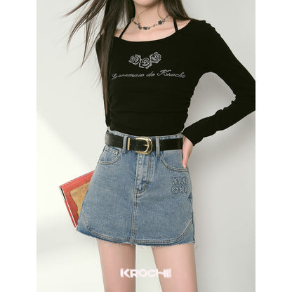 Kroche Denim Logo Embroidery Skirt Blue