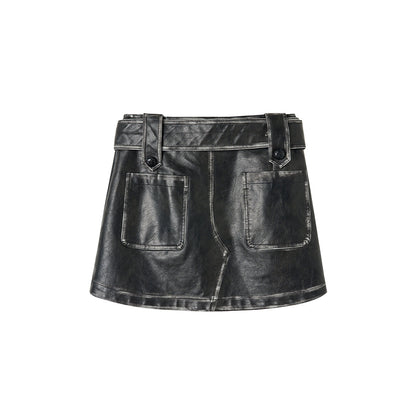 Via Pitti Distressed Heavy Washed Leather Skirt Black