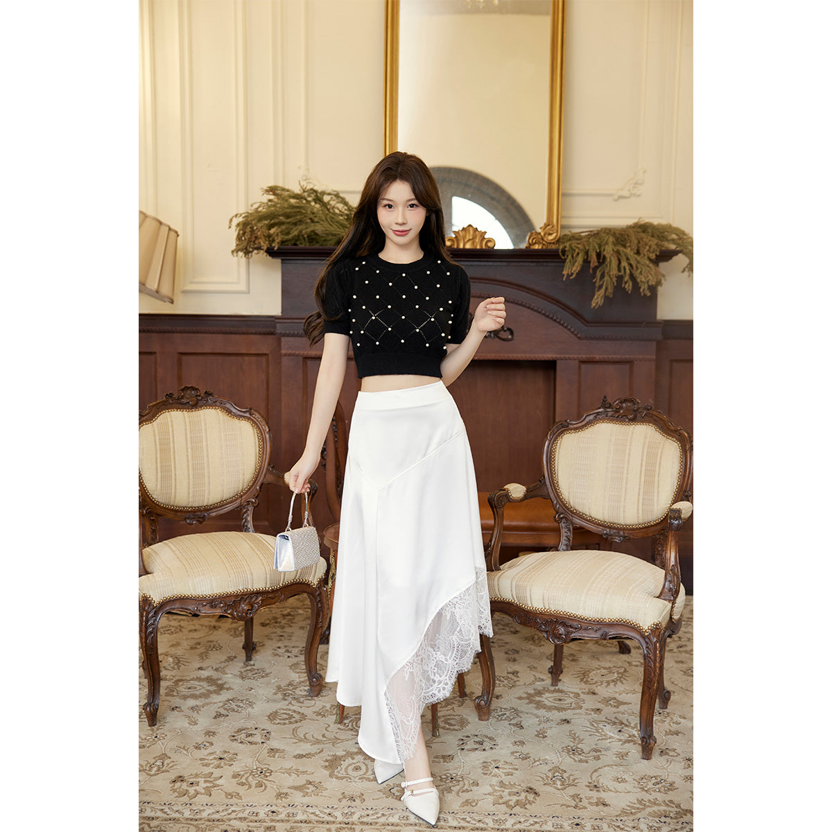 Three Quarters Lace Patchwork Irregular Long Skirt White