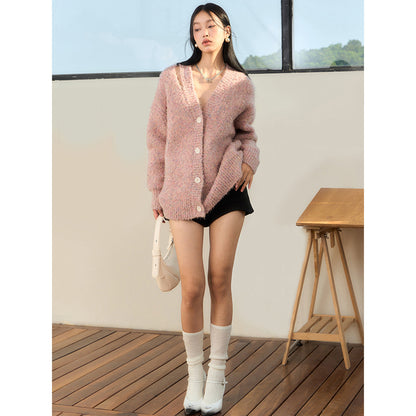 NotAwear Woolen Hollow Cutting Cardigan Pink