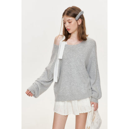 Kroche Bow Lace Shoulder Girdle Sweater Gray