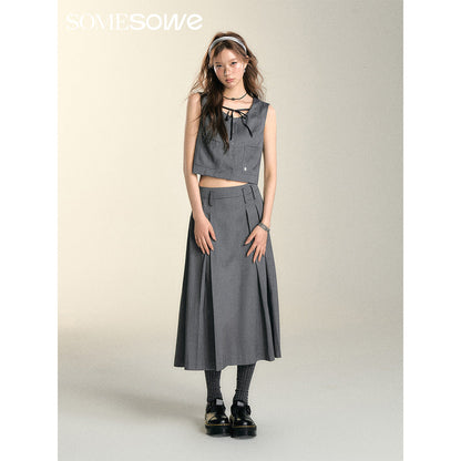 SomeSowe Asymmetrical Pleated Long Skirt Grey