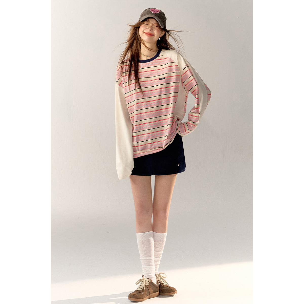 AsGony Contrast Color Striped Casual L/S T-Shirt Pink