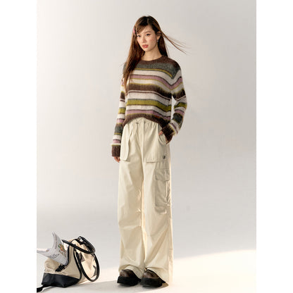 AsGony Contrast Color Striped Knit Sweater Brown