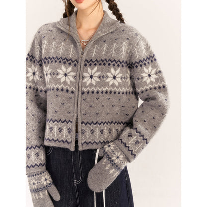 AsGony Fair Isle Retro Woolen Short Cardigan