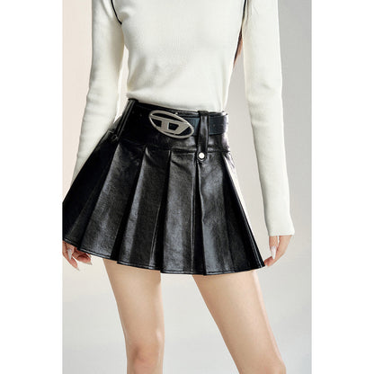 MacyMccoy Retro A-Line Pleated Leather Skirt Black