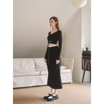 Three Quarters Color Blocked Cargo Flare Long Skirt Black