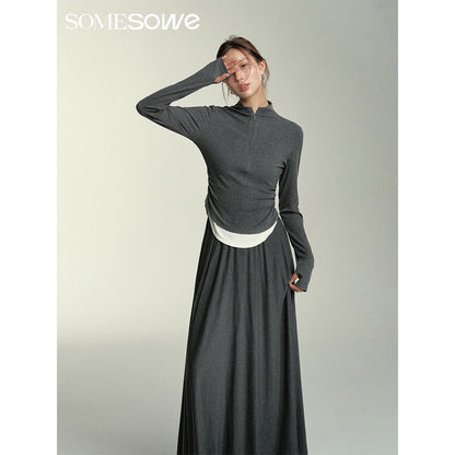 SomeSowe Wide A-Line Pleated Long Skirt Gray